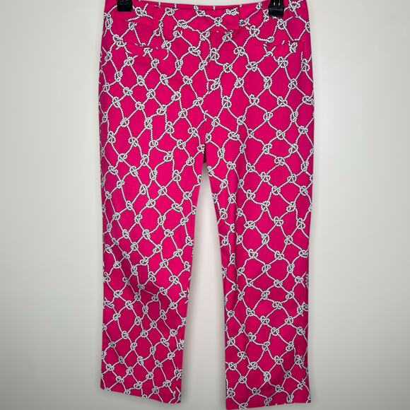 J. McLaughlin Cropped Pants 4 Pink Mid Rise Straight Rope Print Poplin Cotton - Picture 1 of 9